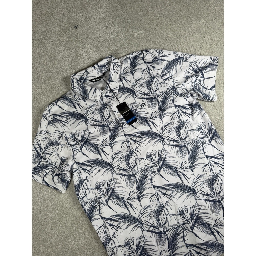 New Travis Matthew "Around the Bay" S/S Polo Palm All Over White Blue Size Lg